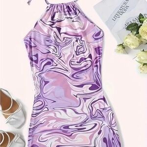 Marble Print Chic Halter Neck Dress